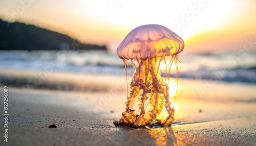 Jellyfish rests on wet beach sand at sunset. Translucent, ethereal, glowing in warm light