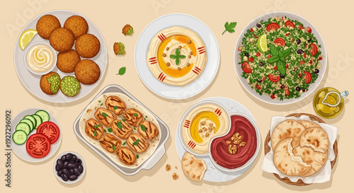 Assorted international cuisine delicacies showcased on multiple plates and dishes, viewed from directly above in a flat lay arrangement