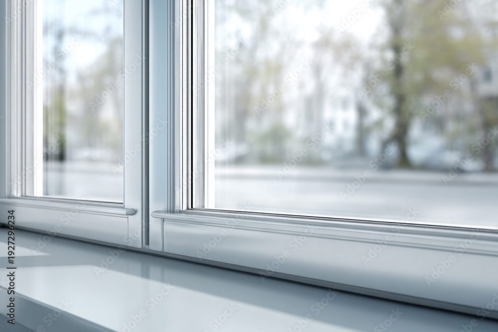 Fototapeta premium Modern white window frame with a blurred view of trees and buildings outside