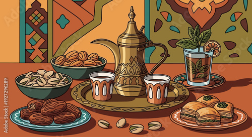 Traditional Middle Eastern Tea Service with Dates and Sweets on an Ornate Tray