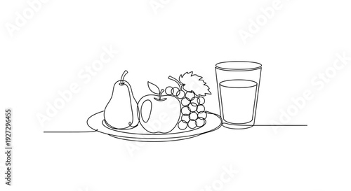 A simple still life illustration featuring fruits and a beverage on a plate from a straightforward viewpoint