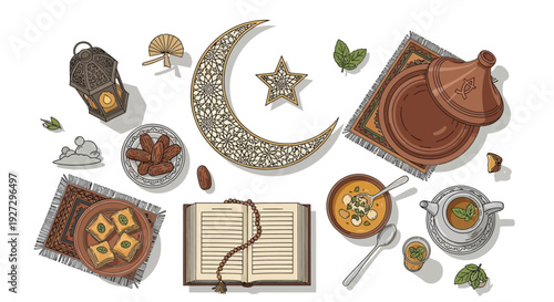 Celebrating Ramadan with traditional items and sacred texts in a serene environment viewed from above