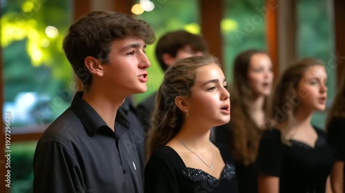 Choir singing passionately in beautifully lit hall with large windows, expressions reflecting intensity of performance, choral concert scene, musical performance moment, faceless