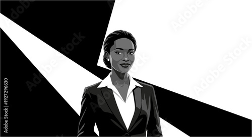 Confident African American businesswoman in a sharp suit, standing against a dynamic black and white geometric background, exuding professionalism and success.