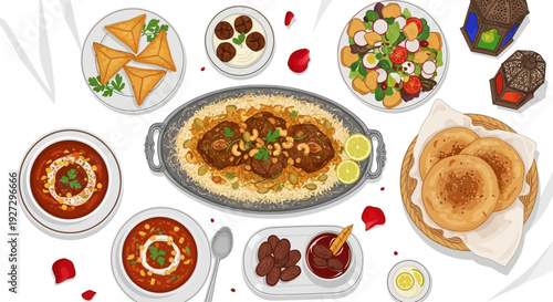 Assorted Middle Eastern Cuisine Displayed on Table with Various Dishes and Desserts