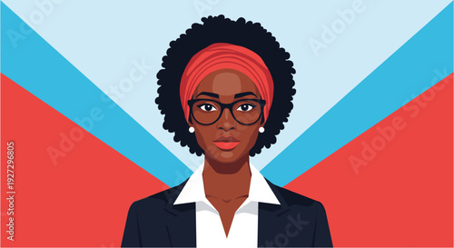 A confident and stylish African American businesswoman with an Afro hairstyle and glasses, wearing a red headscarf and a business suit, standing against a modern geometric background.