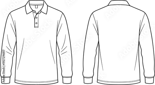Front and back view of men long sleeve polo shirt outline, collared casual top technical fashion vector template design