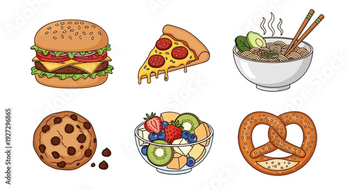 Assorted Fast Food Items Including Burgers Pizza and Snacks Presented in a Digital Collage Style Illustration