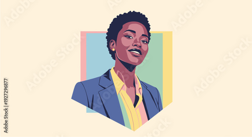 Vibrant vector portrait of a confident Black woman with short curly hair, smiling brightly against a soft pastel background, embodying empowerment and success.