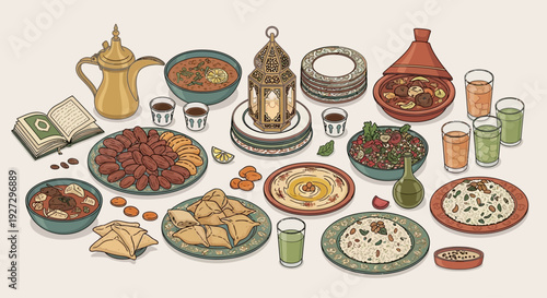 Traditional Middle Eastern cuisine beautifully arranged on colorful plates and dishes, featuring various dishes and drinks in an illustration