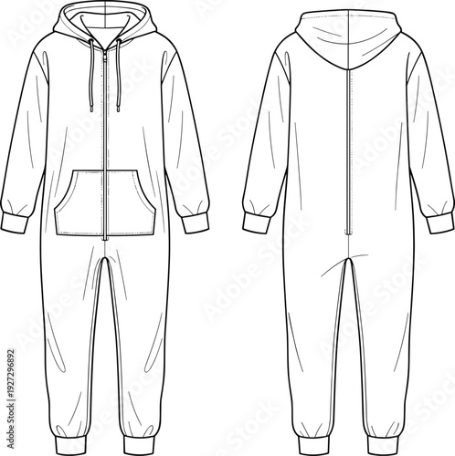 Front and back view of hooded zipper jumpsuit outline, unisex hoodie onesie with pockets technical fashion vector template design