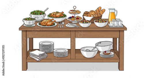 A wooden buffet table laden with various dishes and food items viewed from the front