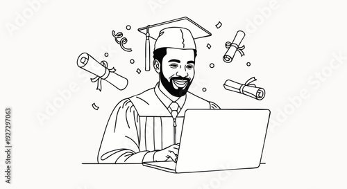 Happy graduate man celebrating online academic success with laptop and diploma scrolls, achieving higher education through virtual learning and technology.