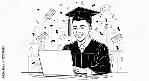 Young man in graduation attire happily engaging with a laptop, symbolizing online education, remote learning, and digital academic achievement.