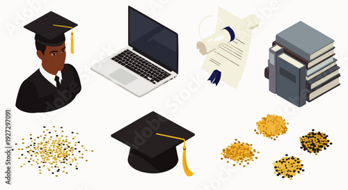Isometric vector set for education and graduation. Features a student in cap and gown, laptop, diploma, books, and gold confetti, symbolizing academic success and future.