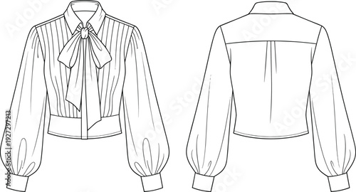 Front and back view technical fashion flat sketch of elegant long sleeve blouse with bow tie collar and puff sleeves