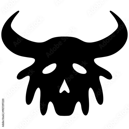 illustration of a horned skull with wide bat-like wings sharp fangs, and hollow eyes, creating dark gothic emblem isolated on white background, bold shape for logo, halloween design, or horror design.