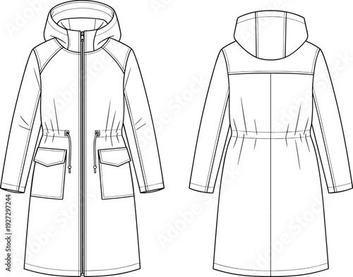 Front and back view technical fashion flat sketch of long hooded coat with zipper closure and patch pockets