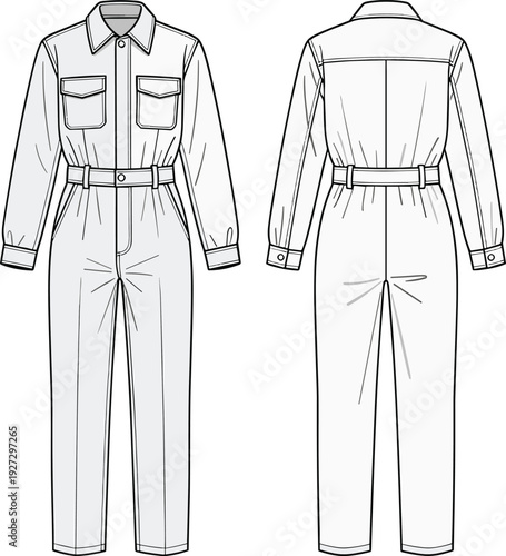 Front and back view technical fashion flat sketch of long sleeve belted utility jumpsuit with chest pockets and collar detail