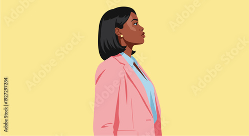 Confident African American businesswoman looking forward, depicted in a modern flat illustration with a vibrant yellow background.