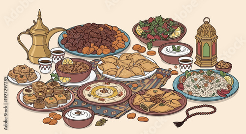 Assorted Middle Eastern cuisine delicacies and traditional items beautifully arranged on a decorative table setting for celebration