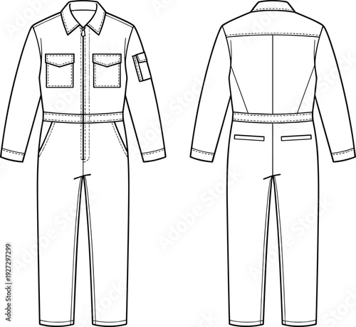 Front and back view technical fashion flat sketch of long sleeve utility jumpsuit with belt and cargo pockets