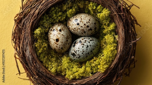 Natural bird nest with eggs on soft yellow background