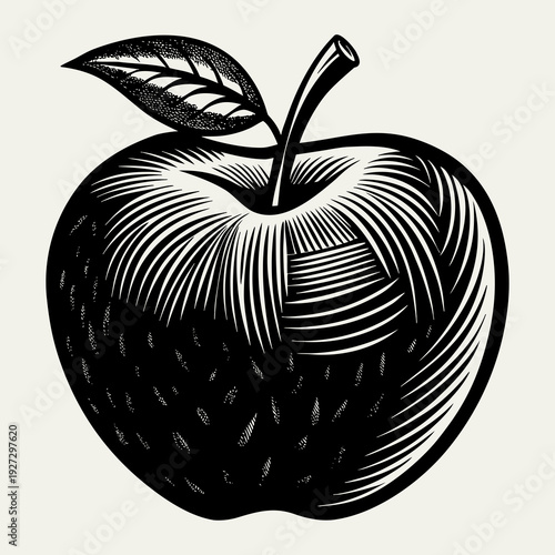 Engraved illustration of a fresh red apple with a single leaf and stem, classic style for healthy eating and harvest themes.