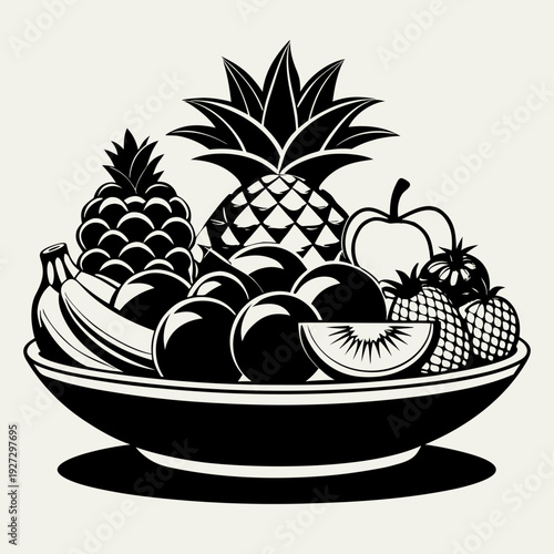 Monochrome illustration of a rich fruit assortment in a bowl, including apples, bananas, and pineapples.