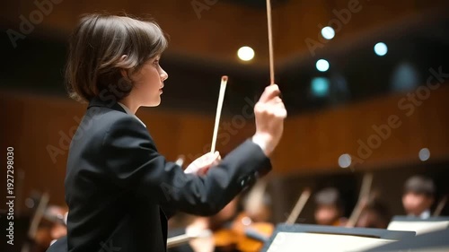Conductor leading young orchestra in rehearsal, imparting art of ensemble music, music education scene, youth orchestra practice, teaching moment display, faceless conductor