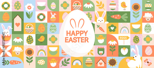 Happy Easter banner. Colorful geometric illustrations with easter egg.