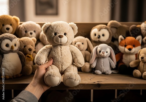 Hand selecting a fuzzy beige stuffed bear from a wooden shelf filled with various plush toys