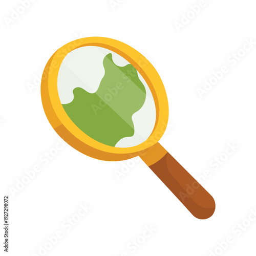 Magnifying Glass Focusing on Green Land Mass with Gold Frame and Handle