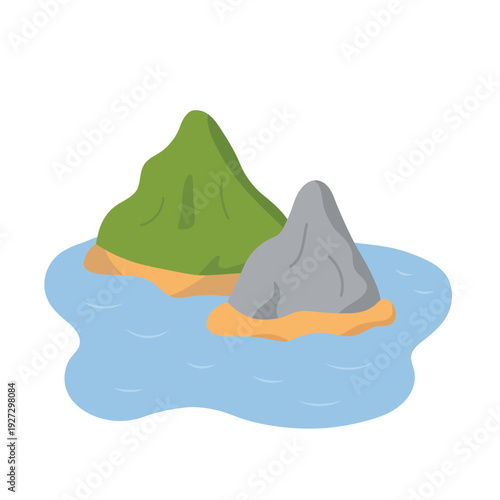 Island with Green Mountain Next to Stone Peak in Blue Water 80 Characters