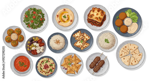 Assorted international cuisine on multiple plates arranged overhead in a collage