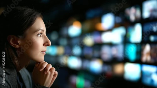 Curious woman viewing array of screens displaying diverse multimedia, reflecting vastness of digital content, media consumption scene, multi-screen viewing, faceless person