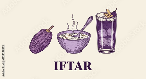 Illustration of traditional iftar meal with dates, hot soup, and refreshing drink on a simple background