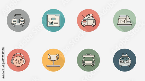 Collection of colorful icons representing various office and technology elements on a neutral background viewed from directly above
