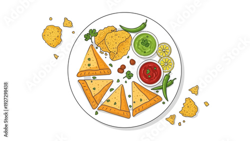 Assorted samosas and dips on a plate, top view, food illustration