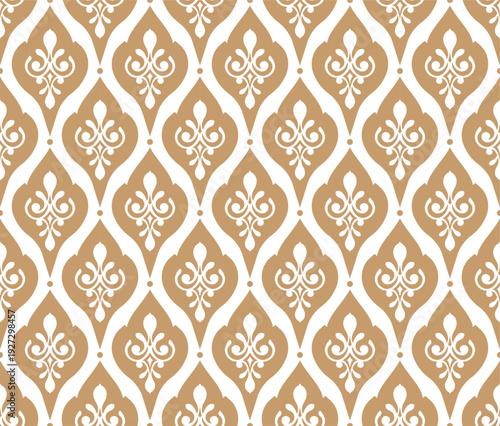 Elegant gold and white damask seamless pattern background for luxury wallpaper. Vintage floral ornament seamless pattern. Classic damask motif for textile and fabric. Luxury damask seamless pattern