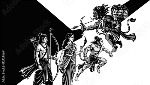 Dynamic black and white illustration depicting the epic battle between Lord Rama and the demon king Ravana, with Sita and Hanuman.