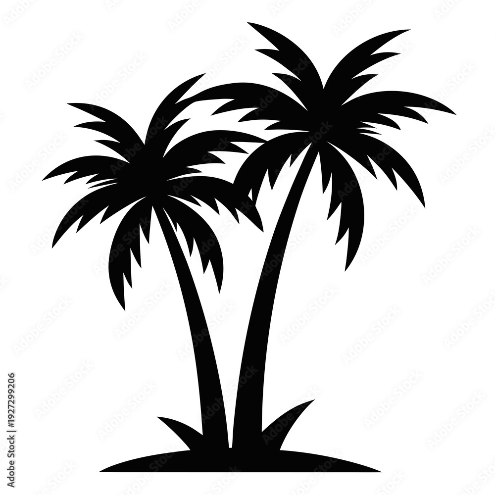 Fototapeta premium Striking Silhouette of Two Palm Trees on a Sandy Island with Lush Grass, Vector Art