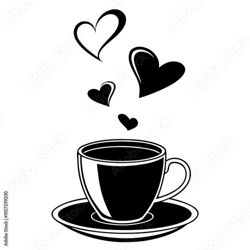 Abstract Vector Silhouette of a Coffee Cup with Hearts symbolizing love for coffee