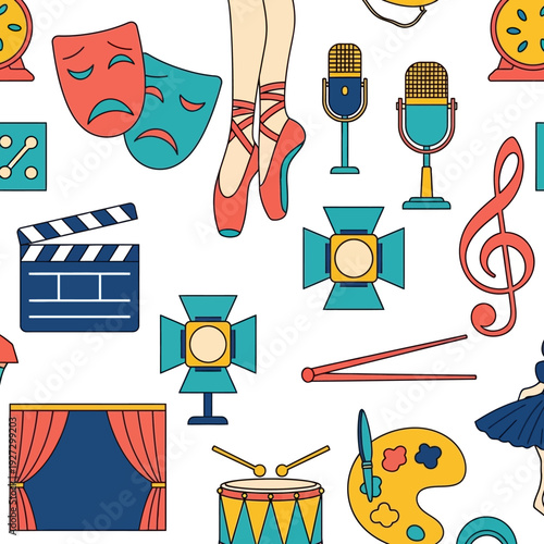 Theater and Music Elements Surround a Dancer's Stage Performance