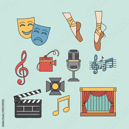 Theater arts icons collection including masks, dancing, and symbols