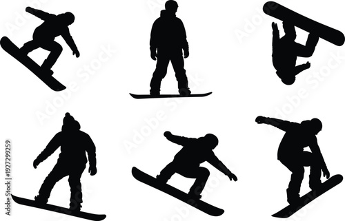 Snowboarder silhouette collection featuring extreme winter sport tricks, freestyle action poses isolated on white background for design use
