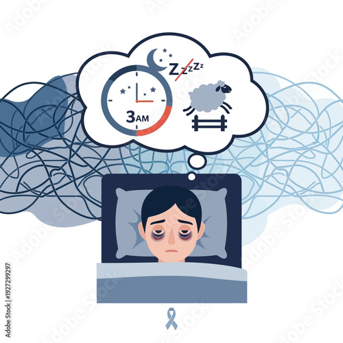 Person lying in bed thinking about sleep and alarm clock