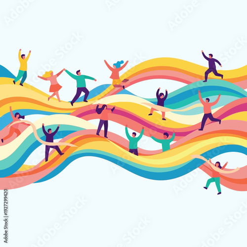 People dancing on colorful wavy lines in dynamic movement