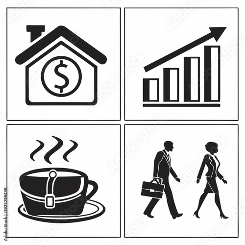 Business and finance icons including house, graph, coffee, and people Vector