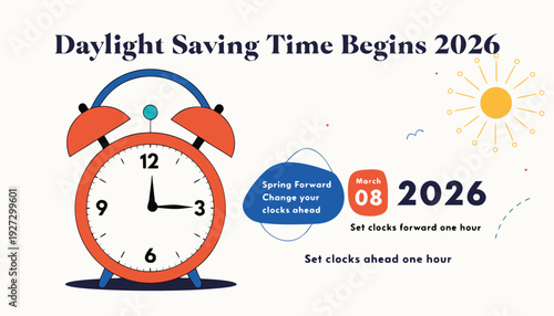 Daylight Saving Time Begins 2026 concept banner. Vector illustration of clock and info with calendar date of changing time in march 08. Spring Forward Time illustration banner. Change clocks ahead